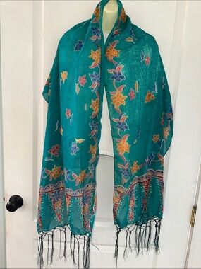 NWT Sahaja  Teal Floral Fringe Scarf or Wrap with embossed gold flowers